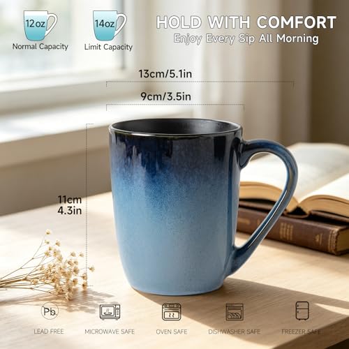 MONITO 14oz Ceramic Coffee Mugs Set of 6,Ice-Snow Blue Mugs with Handle | Perfect for Latte, Cappuccino, Tea & Cocoa, Ideal Reusable Drinking Cups for Home, Kitchen & Office Daily Use - color: Ice-snow Blue(14oz)