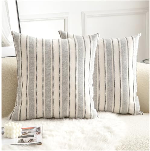 Cethom Decorative Boho Throw Pillow Covers, Farmhouse Textured Pillow Case, 22 x 22 Inch Set of 2, Chair Sofa Bedroom Living Room Home Decor Couch Cushion Case, Grey and Beige Striped - color: Grey, size: 22" x 22" (Pack of 2)
