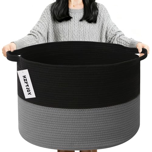 90L Extra Large Blanket Basket,Woven Laundry Basket-Black&Dark Grey | Collapsible, reinforced handles, nursery storage bin organizes clothes, toys and pillows for living room, bedroom bathroom - color: Black&Dark Grey, size: 21.7"L x 21.7"W x 13.8"H（90L)