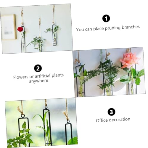 Hanging Glass Hydroponic Vase Set 3pcs with Test Tubes and Iron Frames, Wall-Mounted Plant Propagation Station for Home Décor and Garden Display, Includes 3 Hemp Ropes and 3