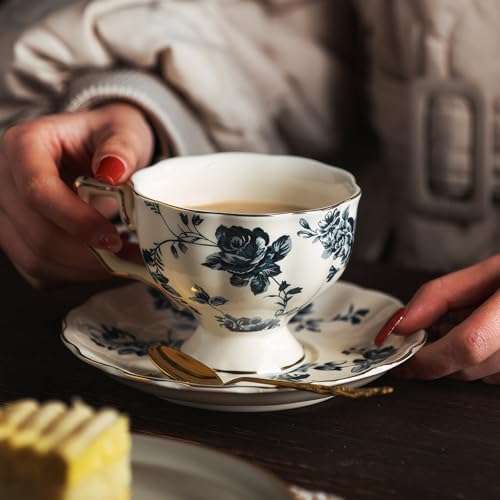KAMMAK Tea Cups and Saucers Set of 2, 6.8 oz Porcelain Coffee Cups, 563N | Stackable Espresso Mugs, Ceramic Demitasse for Coffee, Cappuccino, Latte, Americano, Tea - size: 7KPSP563N