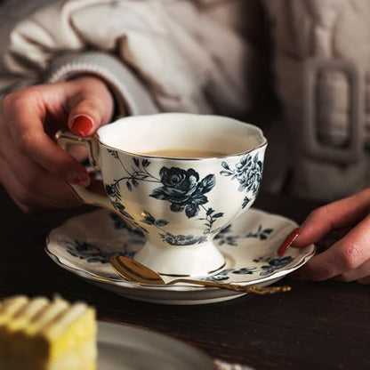 KAMMAK Tea Cups and Saucers Set of 2, 6.8 oz Porcelain Coffee Cups, 563N | Stackable Espresso Mugs, Ceramic Demitasse for Coffee, Cappuccino, Latte, Americano, Tea - size: 7KPSP563N