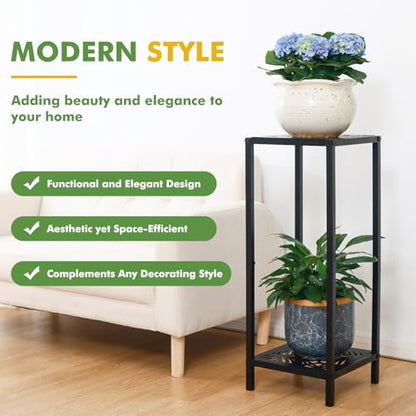 Party Zealot 2 Packs of 2-Tier Tall Metal Square Plant Stand 31” Heavy-Duty Modern Flower Pot Rack for Indoor Living Room, Corner Side Table for Outdoor Patio, Garden Planter Holder, Black, Leaf - style: Leaf - 2 pack