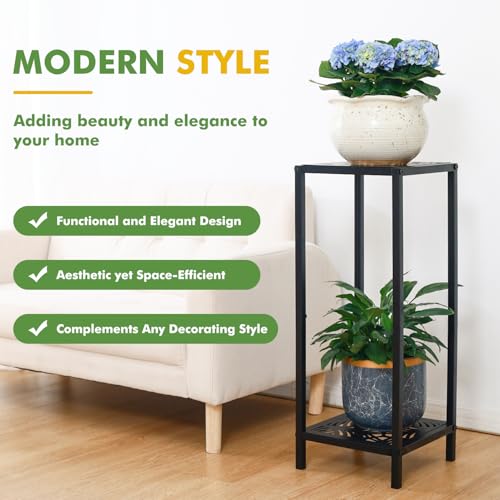 Party Zealot 2-Tier Tall Metal Square Plant Stand 31" Heavy-Duty Modern Flower Pot Rack for Indoor Living Room, Corner Side Table for Outdoor Patio, Garden, and Balcony Black, Leaf - style: Leaf - 1 pack