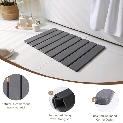 Large Foldable Stone Bath Mat, 23.6" x 15.5" Non-Slip Stone Shower Mat, Super Absorbent Diatomaceous Earth Mats, Quick Drying Bath Mats for Bathroom, Easy to Clean
