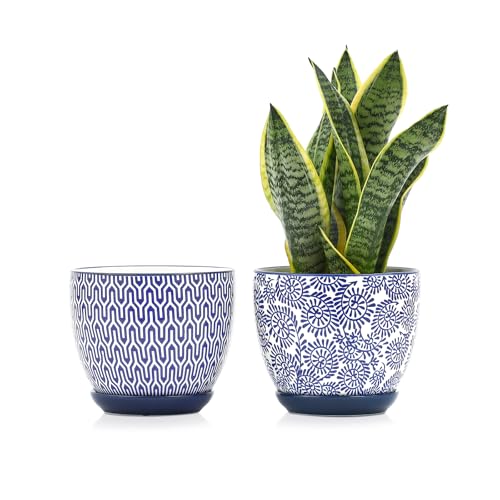 Selamica Ceramica Plant Pots, 6.5 Inch Flower Pots Set of 2 with Drainage Holes & Saucer, Planters for Indoor Plants, Home Decor, Vintage Blue - color: Vintage Blue, size: 6.5 Inch, Set of 2