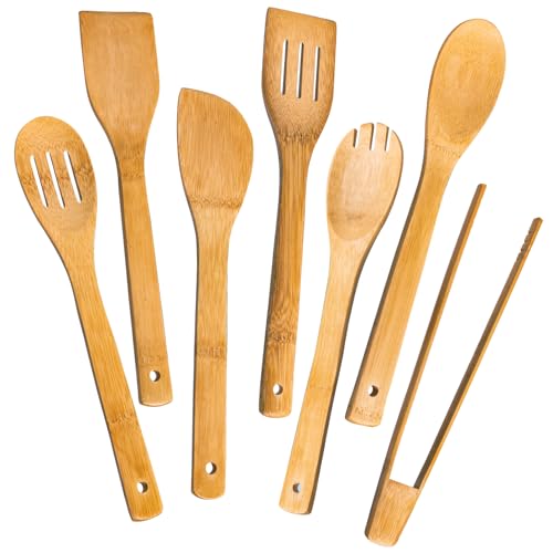 Eisinly Wooden Spoons for Cooking 7-Piece, Kitchen Nonstick Bamboo Cooking Utensils Set, Carbonized Bamboo Durability Spatula Spoon for Everyday Use - color: Carbonized Bamboo, style: Square-edge