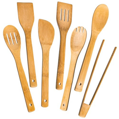Eisinly Wooden Spoons for Cooking 7-Piece, Kitchen Nonstick Bamboo Cooking Utensils Set, Carbonized Bamboo Durability Spatula Spoon for Everyday Use - color: Carbonized Bamboo, style: Square-edge