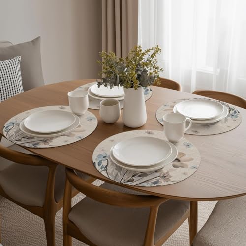 Artoid Mode Brown Poppy Floral Round Placemats Set of 4, 14 Inch Washable Non-Slip Plastic Woven Plastic PVC Place Mats for Farmhouse Party Dining Decor - size: 14", Round 4 Pcs