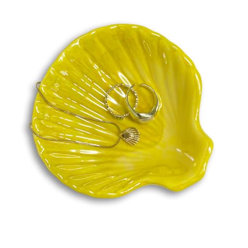 Shell Trinket Dish, Ceramic Jewelry Dish Tray, Cute Organizer Plate for Jewelry, Seashell Jewelry Ring Holder, Birthday Mother's Day Christmas Gift for Women, 3.9", Bright Yellow Iridescent Surface - color: Bright Yellow