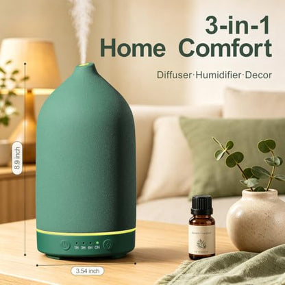 200ML Ceramic Essential Oil Diffuser for Home, Stone Diffuser | Ultrasonic Aromatherapy Diffuser & Air Humidifier for Bedroom, Office, Yoga, 7 LED Lights, Auto Shut-Off, 3 Timers, Green - color: Green