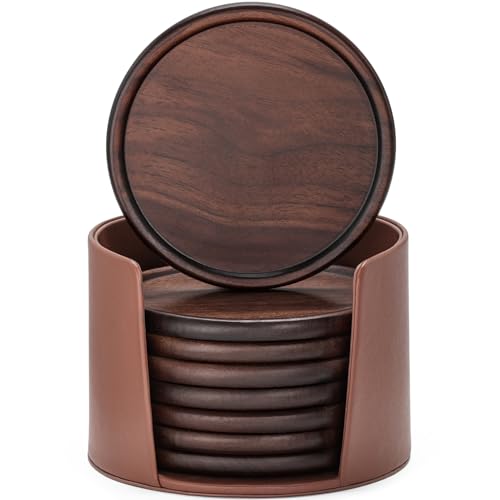 Wood Coasters with Leather Holder, GOH DODD Set of 8 Walnut Wooden Coaster Tabletop Protection for Drinks Coffee Table Home Kitchen Office Living Room Decor Housewarming Gifts Wedding Party, 4 Inch - color: 8 Pieces With Leather Holder