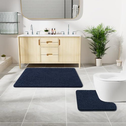 LOCHAS Bathroom Rugs Sets 2 Piece, 20''x20'' & 34''x21'', Navy | Non Slip U-Shaped Toilet Rug, Chenille Washable Absorbent, Soft Bath Mat Set for Shower, Sink - color: Navy