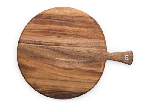 Ironwood Acacia Wood Provencale Paddleboard, 16" x 20" Round Serving Board | Extra Large Round Cutting Board With Handle | Beautiful Acacia Wood | Large Charcuterie Board | Grommet For Hanging & Drying - size: 20.3"L x 16"W