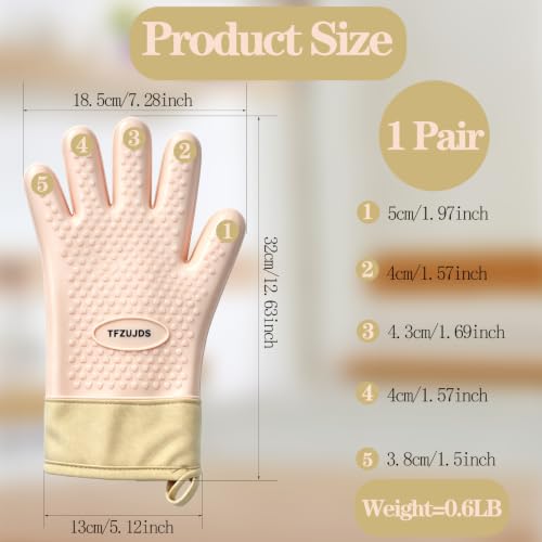 Silicone Oven Gloves with Fingers Heat Resistant 450°F in Kitchen | 1Pair Silicone Oven Mitts, Waterproof, Non-Slip, Extended Cuff Cotton Lined Kitchen Mitts for Baking Cooking Barbecue (Pink) - style: pink