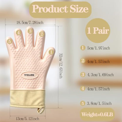 Silicone Oven Gloves with Fingers Heat Resistant 450°F in Kitchen | 1Pair Silicone Oven Mitts, Waterproof, Non-Slip, Extended Cuff Cotton Lined Kitchen Mitts for Baking Cooking Barbecue (Pink) - style: pink