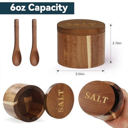 Salt Cellar, Acacia Wood Salt Container with Built-in Spoon & Swivel Lid, Engraved SALT Box, Salt Holder Bowl for Countertop Seasoning Storage - color: Acacia Wood SALT Cellar