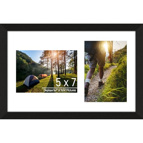 5x7 Double Picture Frame Collage 2 Openings Wooden, Black Frame | Holds 2 5x7 Photos, Multi Photo Collage Frame 9x14 Wall Decor Wood, Horizontal/ Vertical, Tabletop/ Wall Mount, White Mat - color: Black Frame & White Mat, size: 2 Openings (9x14) - 5x7