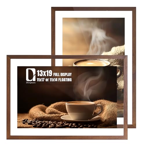 DLQuarts 13x19 Floating Picture Frame for 11x17/11x14 Photos, 2-Pack Solid Wood Double Plexiglass Wall Art Frames, Any Size Photo up to 13x19 Display, Black Walnut - color: Black Walnut, size: 13x19