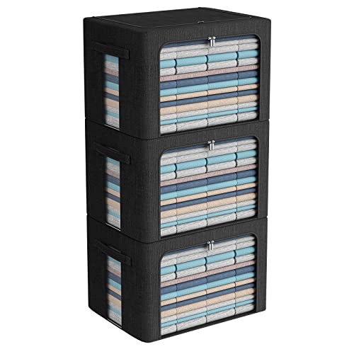 CYhom 3Pack Foldable Storage Bins - Frame Storage Box Linen Fabric Stackable Clothes Container Organizer with Clear Window & Carry Handles Large Capacity (Extra Large-100L, Black) - color: Black, size: Extra Large-100L