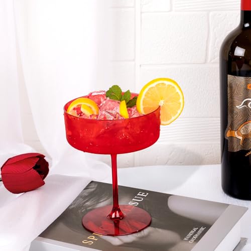 Ciaell 12 Pack Red Plastic Martini Glasses for Bars Parties | 10 oz Red Coupe Cocktail Cups, Heavy Duty Plastic, Cocktails Whiskey Margaritas Wine for Weddings Anniversaries Outdoor - color: Basic Red