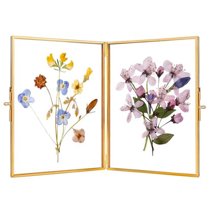REDHUGO Glass Pressed Flower Frame Handmade, Rectangle, Gold, 5×7 Inches | Hinged Double Press Flower Frame, Tabletop Brass Photo Frames, Rectangle Dried Flowers Display Folding Frames for Home - color: Gold, size: 5L" x 7W"