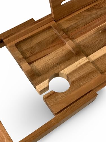 Premium Acacia Wood Bathtub Caddy | Adjustable Wooden Bath Tray | Book & Tablet Holder with Wine Glass Slot | Luxury Spa Gift for Her & Him