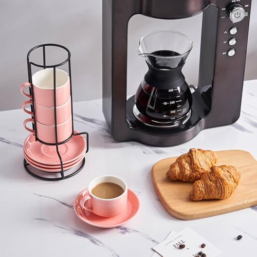YOLIFE 2.5oz Espresso Cups Set of 4, Porcelain Stackable Espresso Cups, Expresso Shots Cup Set with Saucers and Metal Stand-Pink - color: Pink, size: 2.5oz