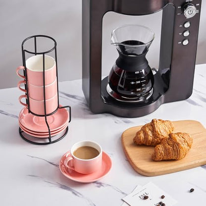 YOLIFE 2.5oz Espresso Cups Set of 4, Porcelain Stackable Espresso Cups, Expresso Shots Cup Set with Saucers and Metal Stand-Pink - color: Pink, size: 2.5oz