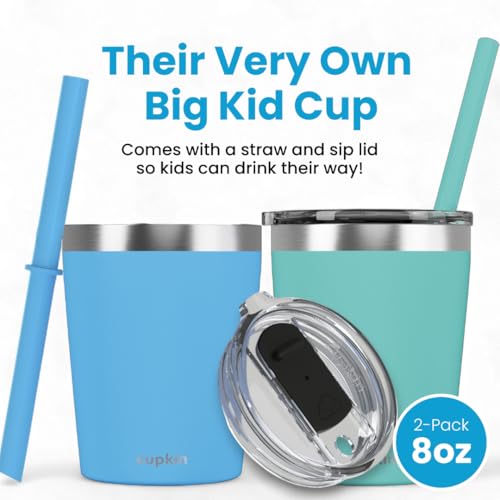 CUPKIN Toddler Cups with Straws, The Original 8 oz Stackable Stainless Steel Baby Straw Cup, Set of 2 Kids Cups, Powder Coated Insulated Kids Tumblers, No BPA Lids + Silicone Straws (Blue + Green) - color: Blue + Green, size: 8 Fl Oz (Pack of 2)