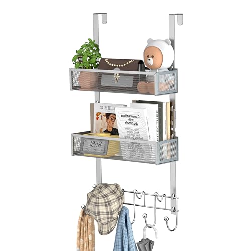 HapiRm Over The Door Hanger with Coat Hooks and 2 Baskets, Rustproof & Waterproof Over The Door Hooks, Storage Organizer for Hats, Bathroom, Kitchen, Bedroom - Brushed Nickel - color: Brushed Nickel-2 Baskets