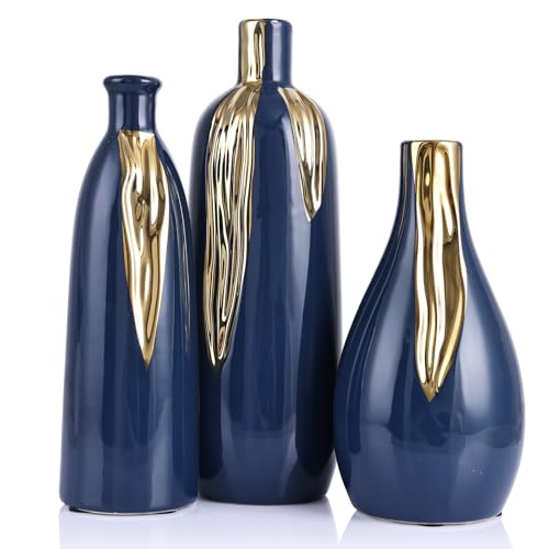 Blue and Gold Vase Set of 3, Modern Ceramic Decorative Vases for Living Room, Bedroom, Art Decor, Mantle, Home Event Decor, Office Decorative, Weddings, Rustic & Farmhouse (Blue Gold) - color: Blue Gold