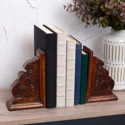 Primitives by Kathy Wooden Classic Bookend Set, Dark Academia Home Décor, Gifts for Book Readers, Non Slip Rubber Feet on Bottom, Bookish Accessories, 7 by 9 by 2 Inches, Natural Wood