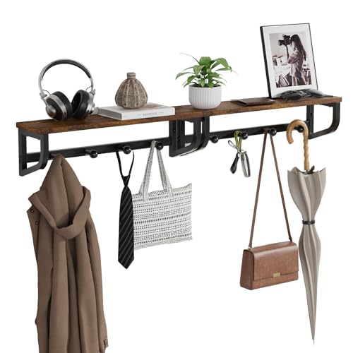 Coat Rack Wall Mount, Wood Wall Shelf with Hooks, Coat Hanger Wall Mount with 4 Metal Hooks, Wall Mounted Coat Rack Organizer for Entryway, Bedroom, Living Room, Room Decor, Brown 2 Pack - size: 33.8 inch-2 pack