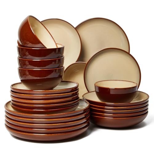 24 Piece Double Bowl Dinnerware Sets with Pasta Bowls, Highly Chip and Crack Resistant Plates and Bowls Sets, Natural Earthyware Ceramic Dishware Sets, Service for 6 Brown Yellow - color: Brown Yellow, size: 24pcs (for 6)