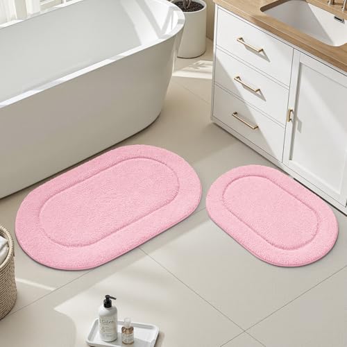 HOMEIDEAS Pink Bathroom Rug Sets 2 Piece 20" x 32" + 16" x 24" | Microfiber Bath Mats, Non-Slip TPR Backing, Ultra Absorbent & Quick Dry, Machine Washable for Bathroom, Shower, Tub - color: Pink
