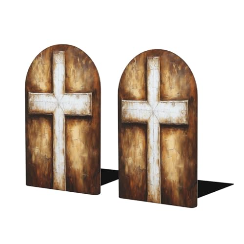 Christian Religion Bless God Cross Vintage Bookends for Shelves 2 Pcs Wooden Book Stopper Organizer for Home Office Libraries