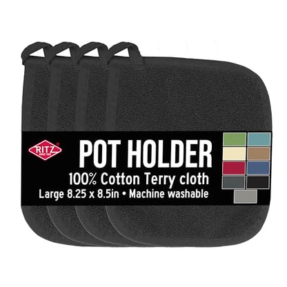 RITZ Terry Potholder & Hot Pad: Unparalleled Heat Resistant, Durable 100% Cotton – Ergonomically Designed for Optimal Grip – Easy-Care Machine Washable – 4-Pack, Black - color: Black, size: 4-Pack