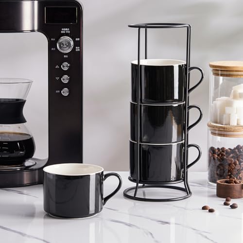 10oz Porcelain Stackable Coffee Mugs and Metal Stand Set of 4, Espresso Cups Set for Hot Drinks, Cappuccino, Tea-Black - color: Black