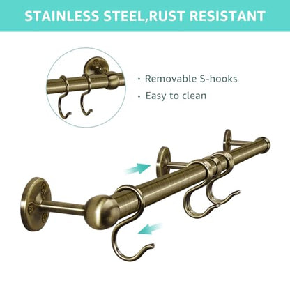 ROTHLEY Stainless Steel Hanging Pot Rack Hanger: 23.7 Inch Pot and Pan Hanger Wall Mounted Hanging Pot Bar Rack Heavy Duty Pot Hangers Kitchen Rail with 8 S Hooks (Antique Brass) - color: Antique Brass, size: 23.7 inch