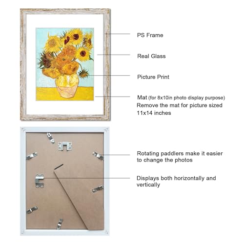 Rustic Distressed Retro Style White Frame 11x14 Picture Frame Set of 6 with Real Glass for Pictures 8x10 with Mat or 11x14 Without Mat, Wall Gallery or Tabletop display - size: 11x14(set of 6)