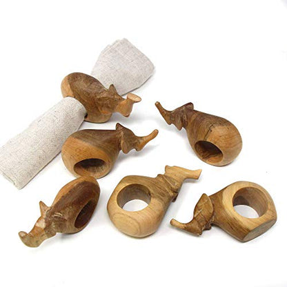 Handcarved Mahogany Wooden Napkin Ring Holders, Elephant, Set of 6 - Rustic Decor - color: Elephant