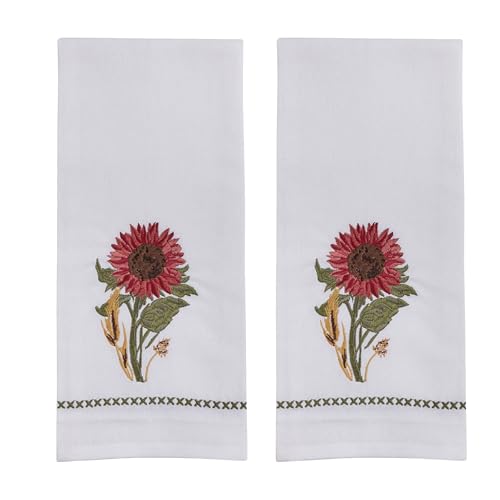Park Designs Red Sunflower Dishtowel Set of 2, Embroidered | 18" x 28" | Cotton | Embroidered Sunflower Design | Fall Kitchen Decor - color: Sunflower Embroidered Dishtowel Set of 2