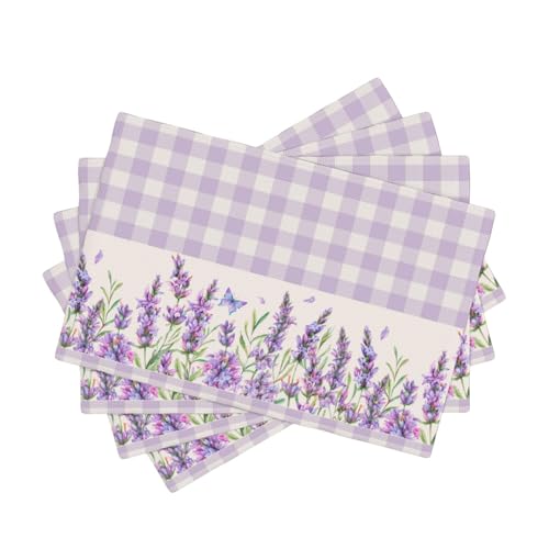 Flowers Leaves Spring Placemats Set of 4,Purple Plaid Background Flower Seasonal Table Mats for Party Kitchen Dining Decoration 4 PCS - color: Purple Flowers, size: 12"X18"|4 PCS