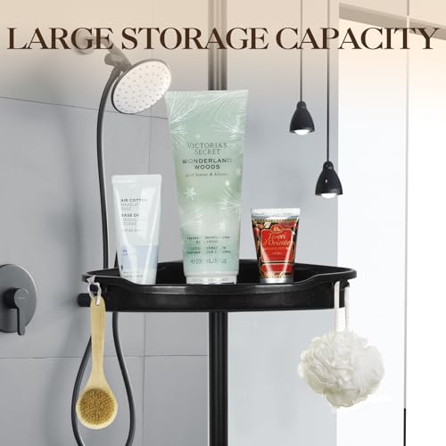 360° Rotating Corner Shower Caddy Organizer Tension Pole, 4-Tier Adjustable Rustproof Corner Shelf with Metal Pole for Inside Shower, Extra Towel Bar & Soap Dish, Bathroom Storage for Bathtub, Black