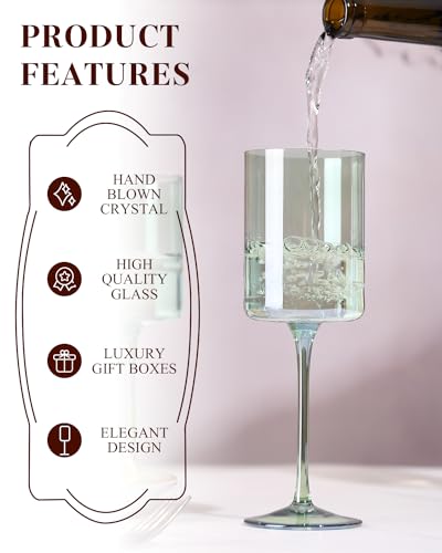 Green Square Wine Glasses Set of 6 - Hand Blown, Colorful With Tall Long Stems, Modern Set for All Occasions - 14oz - color: Sage Green