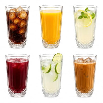 Highball Drinking Glasses Set of 6, 12 oz Crystal-Cut Water Glasses, Tall Clear Tumblers for Cocktails, Mixed Drinks – Elegant Durable Glassware, Dishwasher-Safe Premium Drink Cups for Home&Kitchen
