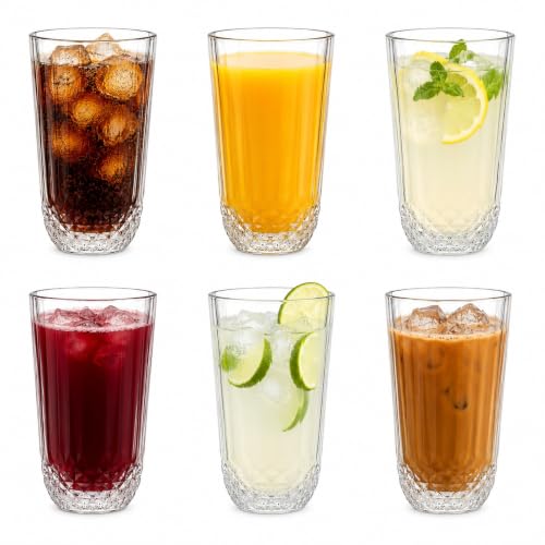 Highball Drinking Glasses Set of 6, 12 oz Crystal-Cut Water Glasses, Tall Clear Tumblers for Cocktails, Mixed Drinks – Elegant Durable Glassware, Dishwasher-Safe Premium Drink Cups for Home&Kitchen