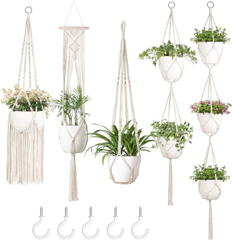 Mkono Macrame Plant Hanger 5 Pack Indoor Hanging Planters Basket with Hooks | 35"-61" Length Different Tiers & Sizes, Handcrafted Decorative Hanging Flower Pots Holder Stand, Boho Home Decor & Aesthetics