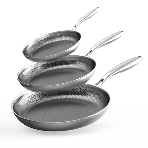 COOKER KING 3pc Hybrid Nonstick Frying Pans Set, 8, 10 & 12" Pans | Stainless Steel Pans,Chef's Pan,Skillets Dishwasher & Oven Safe, Stay-Cool Handles,Induction Compatible – Metal Utensil Safe - size: 8 10 12 Inch